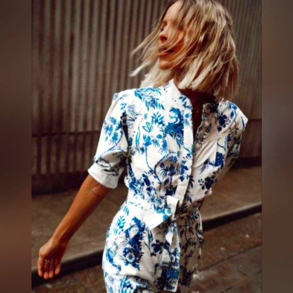 Anthropologie Lucienne blue botanical belted utility jumpsuit Size 8 NWT